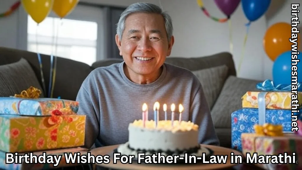 Smiling father-in-law with cake, candles, balloons, and birthday gifts