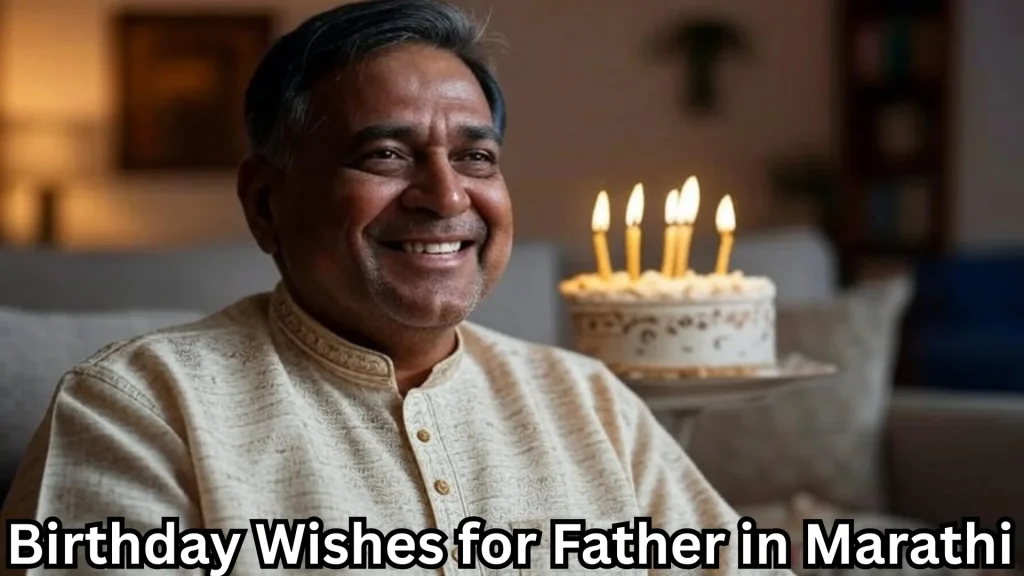 Smiling father with birthday cake and birthday wishes for father in marathi text overlay