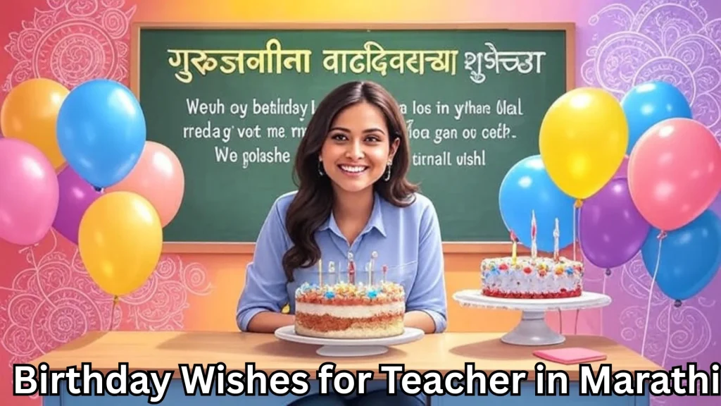 Smiling female teacher with birthday cakes and balloons in classroom