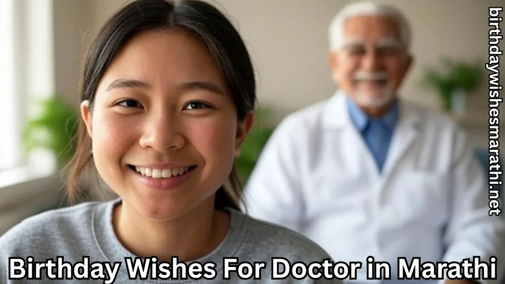 Smiling girl with elderly doctor in background, birthday wishes in Marathi