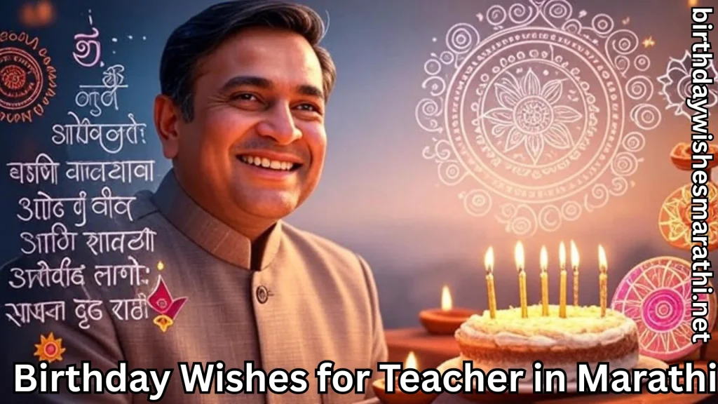 Smiling teacher with cake and and birthday wishes for teacher in marathi text overlay