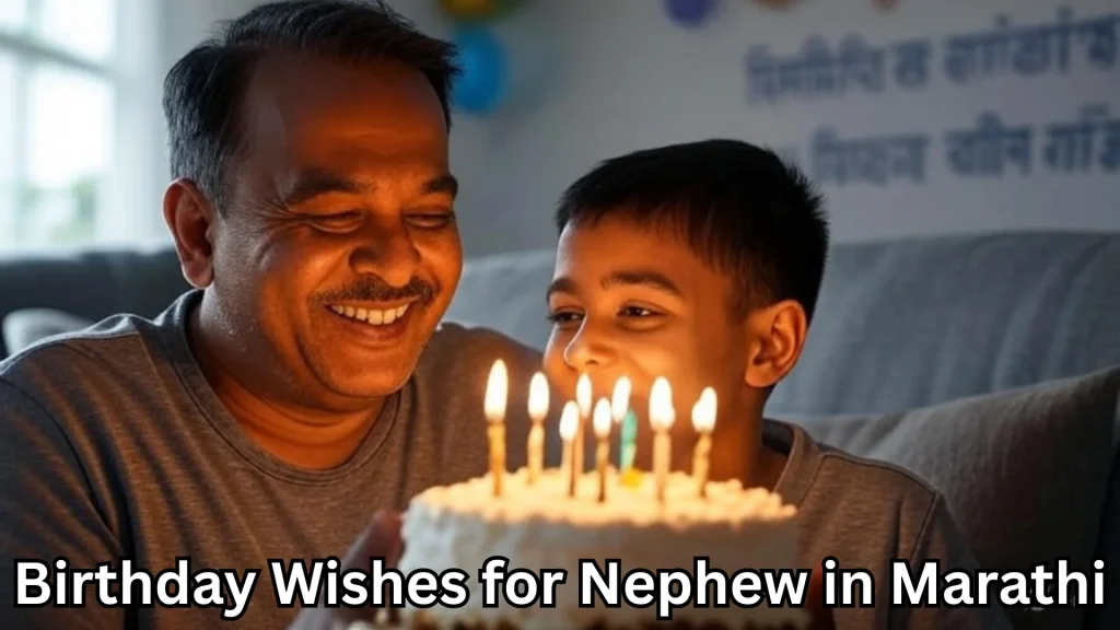Smiling uncle and nephew glow in candlelight and birthday wishes for nephew in marathi text