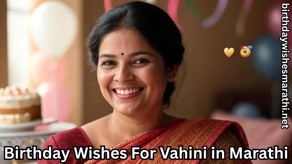 Smiling vahini in red saree and birthday wishes for vahini in marathi text overlay