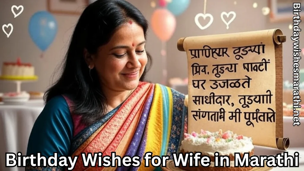 Smiling woman reading Marathi birthday wish scroll beside cake