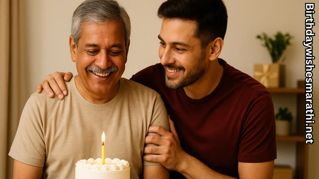 Son hugging his father as a birthday cake with one candle sits in front