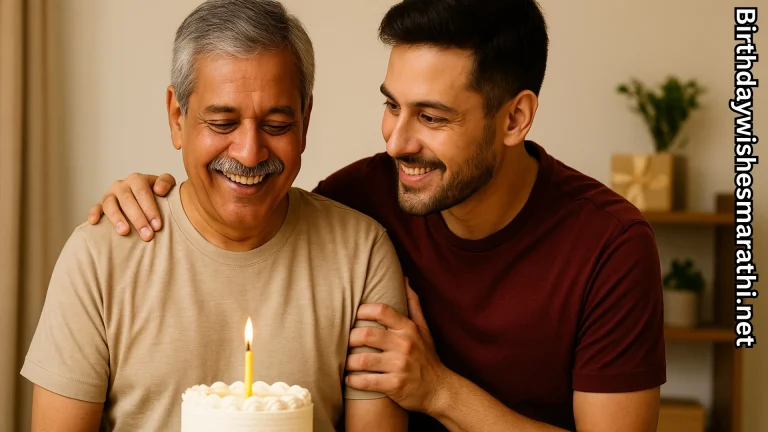 Son hugging his father as a birthday cake with one candle sits in front
