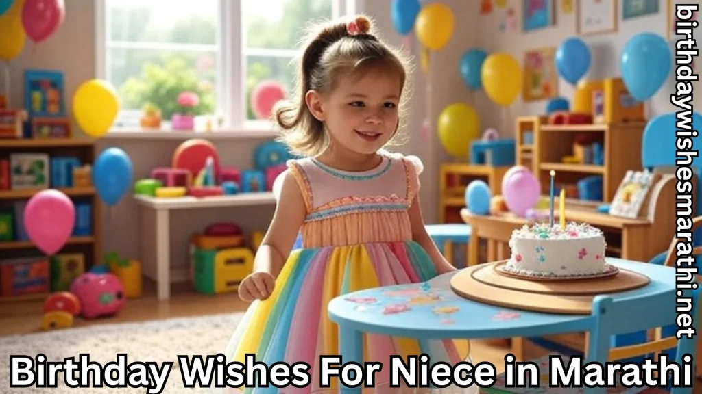Toddler in rainbow dress by cake in a decorated room