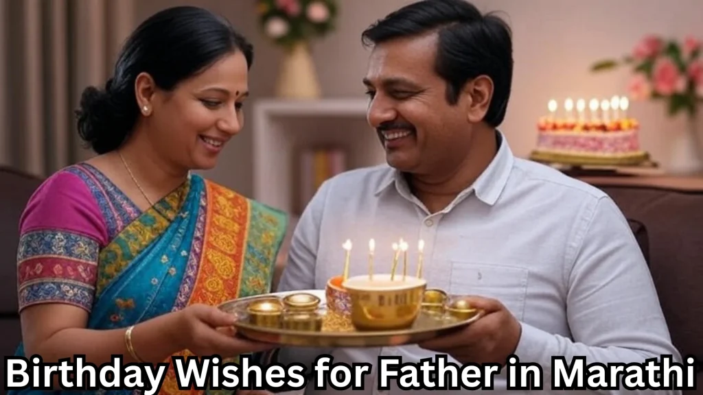 Traditional aarti tray with candles and birthday wishes for father in marathi text overlay