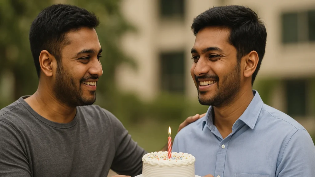Two brothers smiling holding birthday cake outdoors