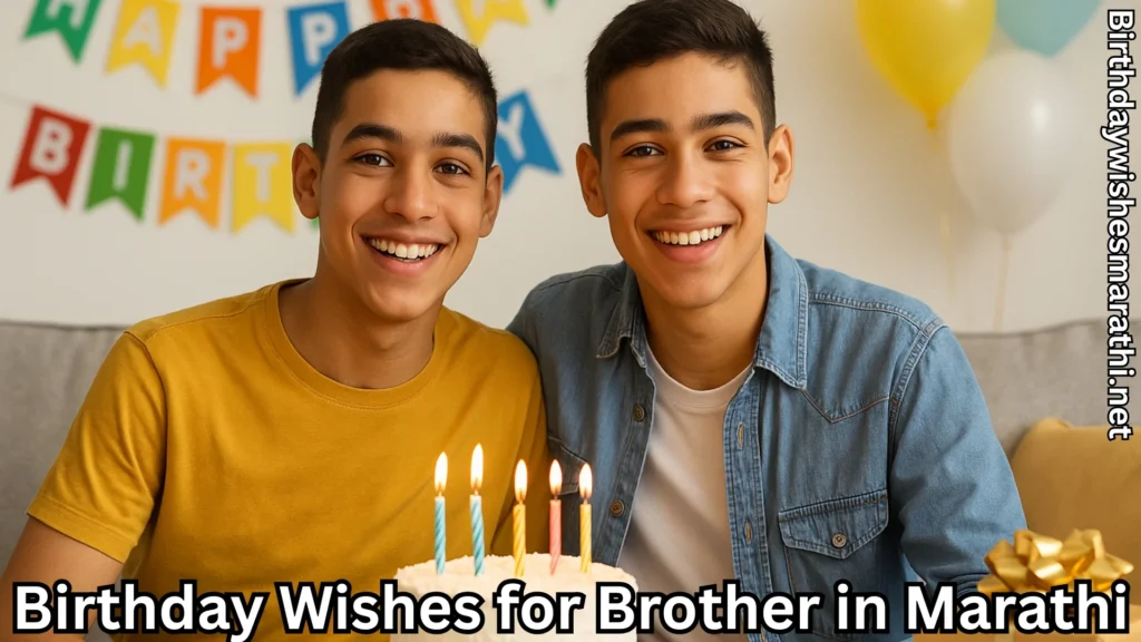 Two brothers with birthday cake and birthday wishes for brother in marathi text overlay