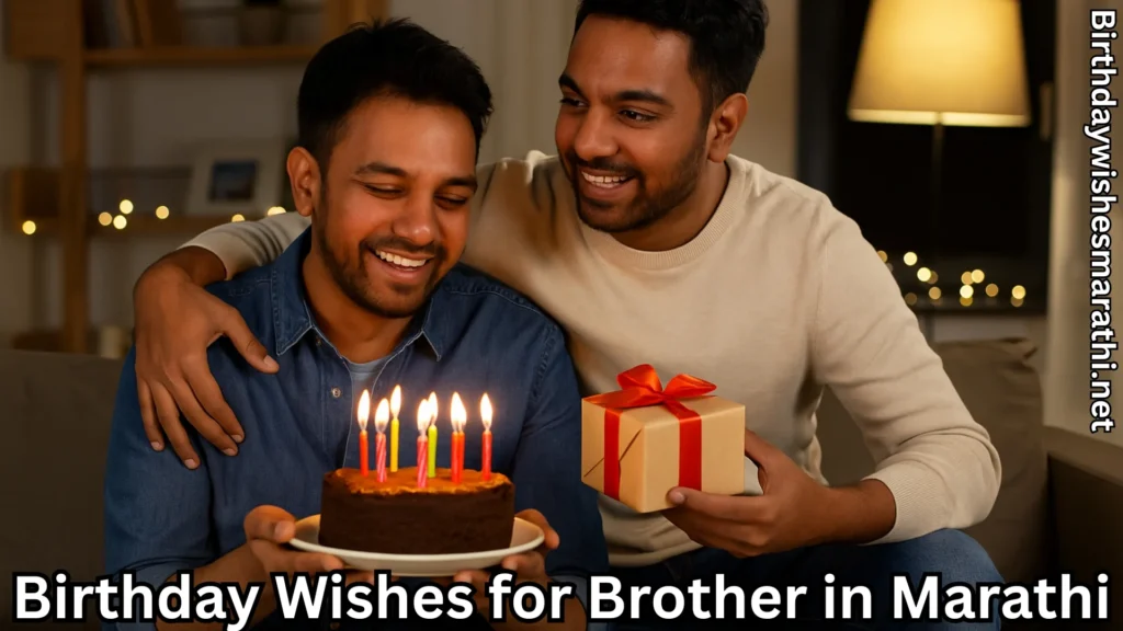 Two men celebrating birthday with cake and gift
