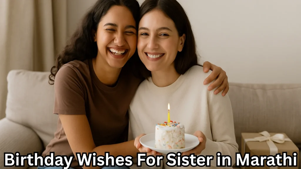 Two sisters holding birthday cake and birthday wishes for sister in marathi text overlay
