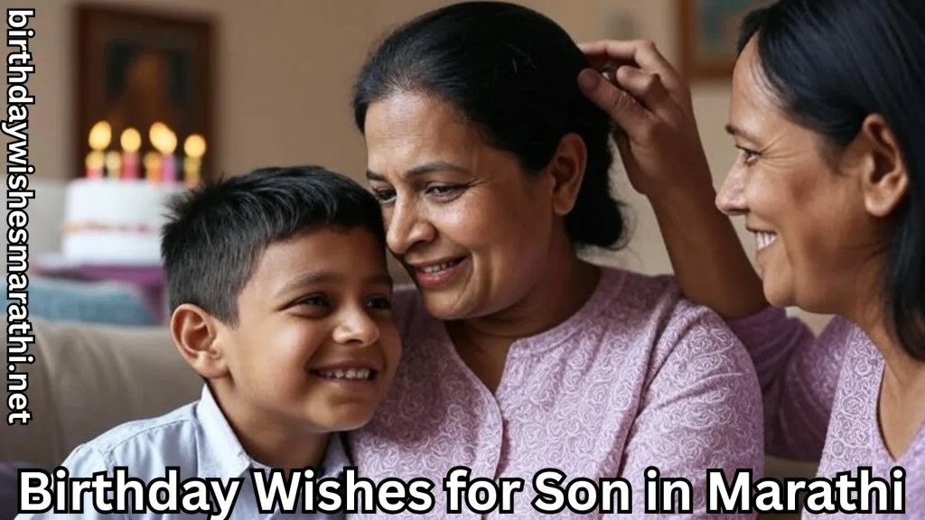Two women bless a smiling boy with birthday wishes for son in marathi text overlay