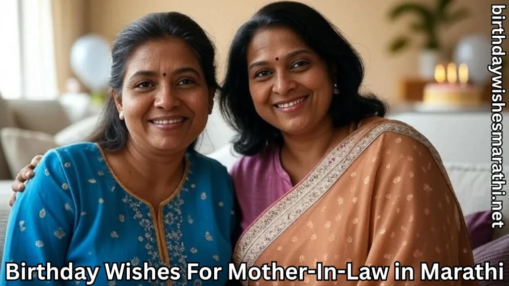 Two women together with birthday wishes for mother-in-law in marathi text overlay