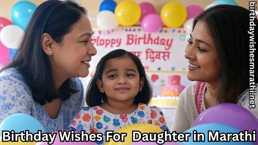 Two women with daughter at party; balloons and birthday banner behind.
