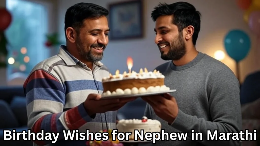 Uncle and grown nephew share a birthday cake at home, candle lit.