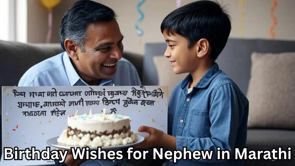 Uncle hands cake to smiling nephew holding a birthday message card.