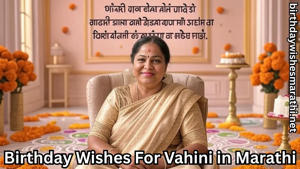 Vahini in golden saree with marigold decor and birthday setup