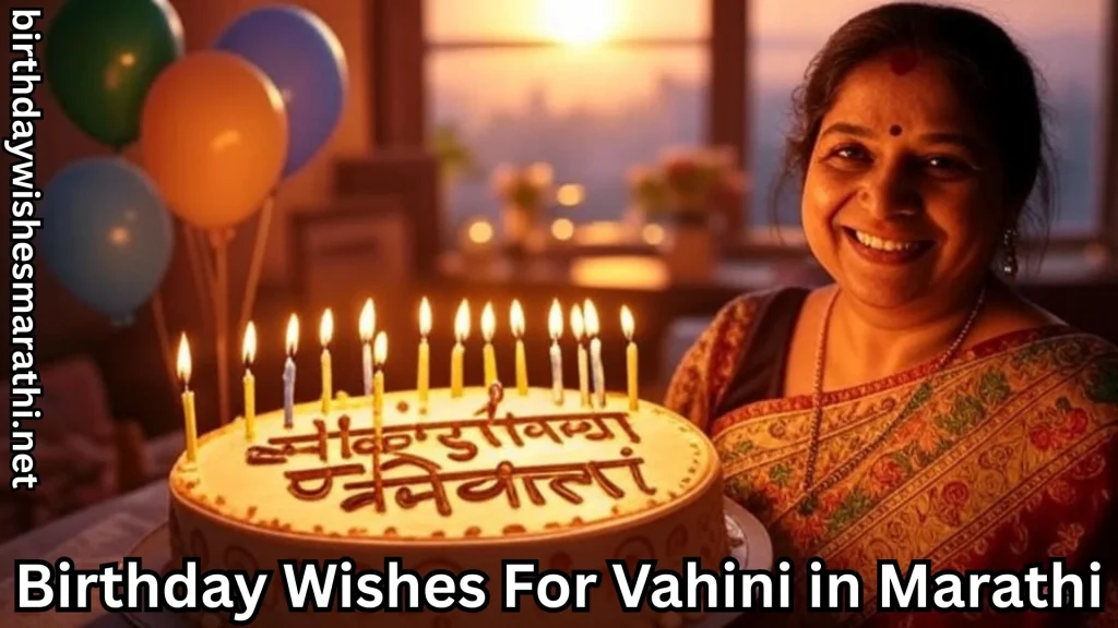 Vahini smiling with lit birthday cake and balloons at sunset