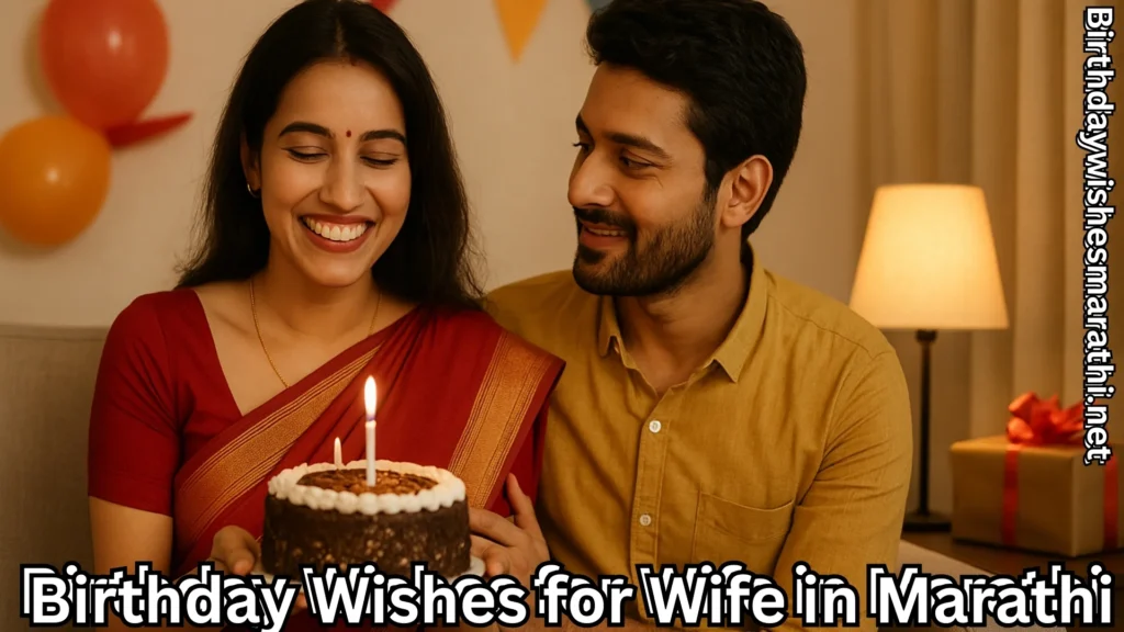 Wife in saree smiling at birthday cake with lit candle
