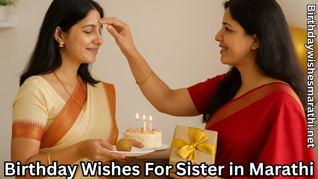Woman applying tilak to sister during birthday celebration