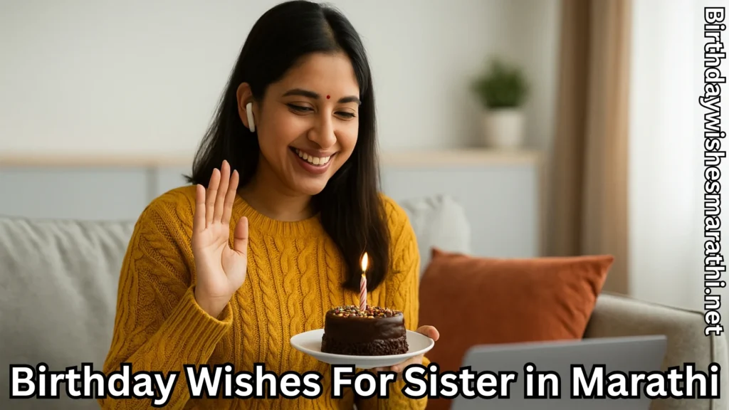 Woman holding cake and waving during online birthday call