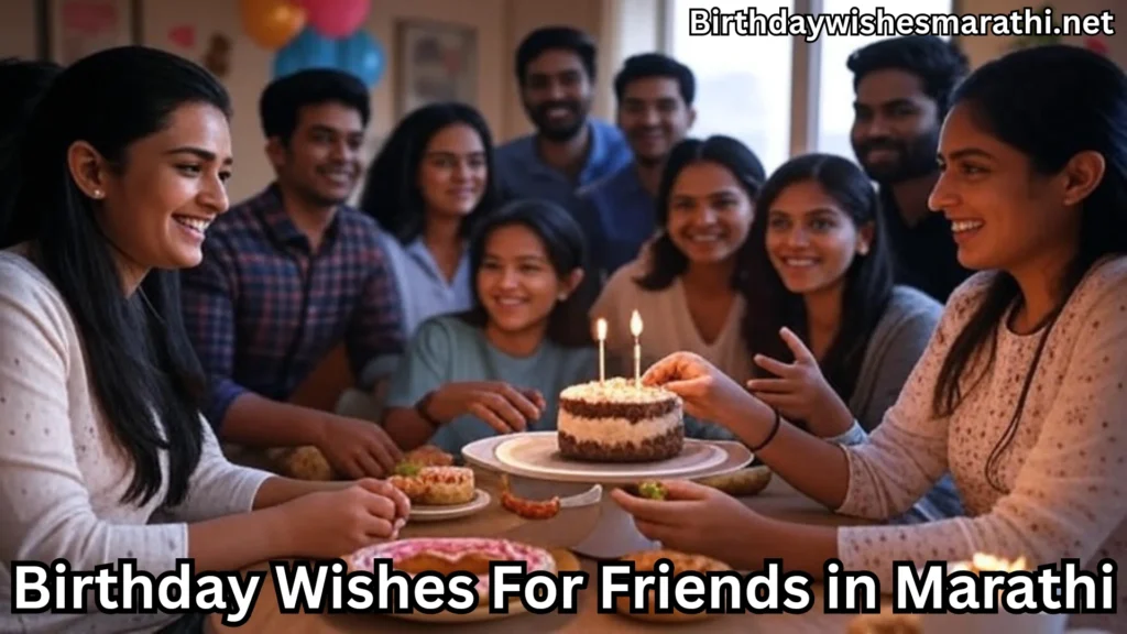 Woman lighting birthday cake with friends and birthday wishes for friend in marathi text overlay