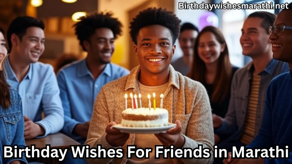 Young man smiling with cake, surrounded by friends at birthday party