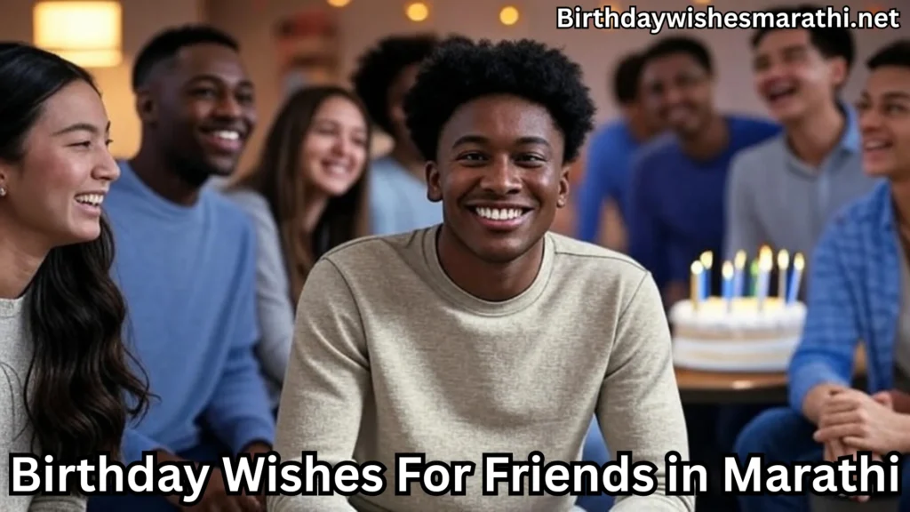 Young man smiling with friends and birthday cake in background