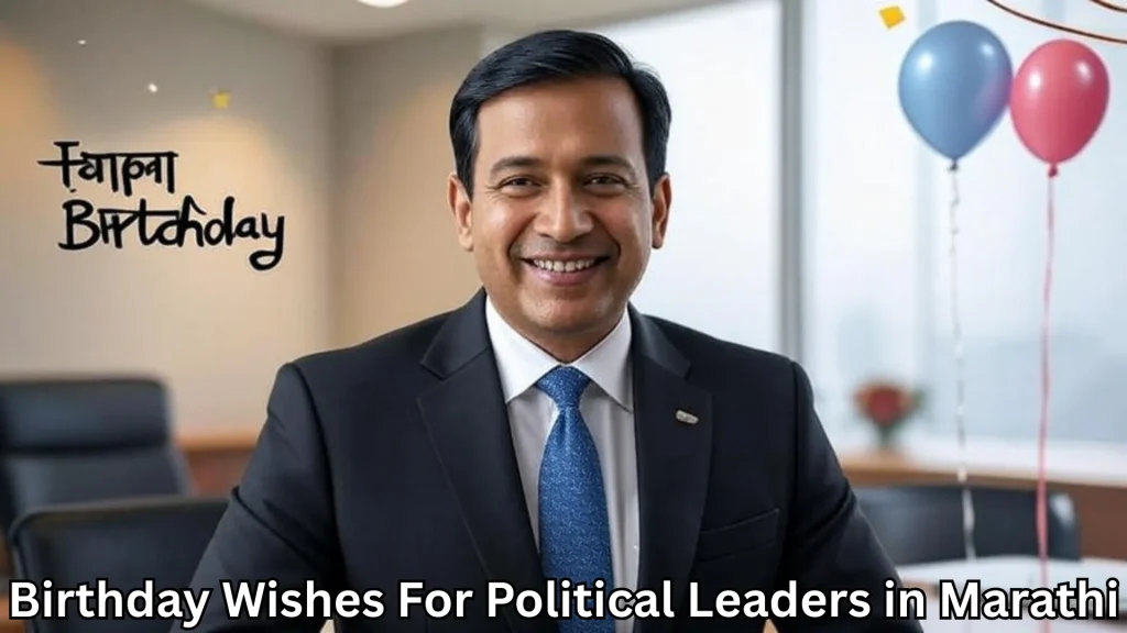 Young politician smiling beside balloons and birthday text