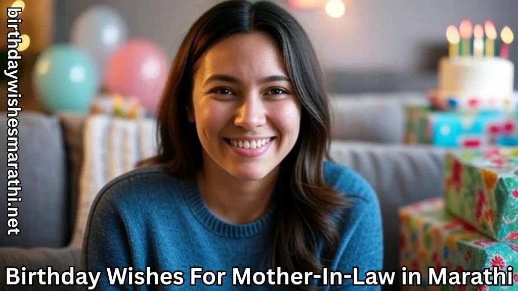 Young woman smiling with birthday gifts and cake in background