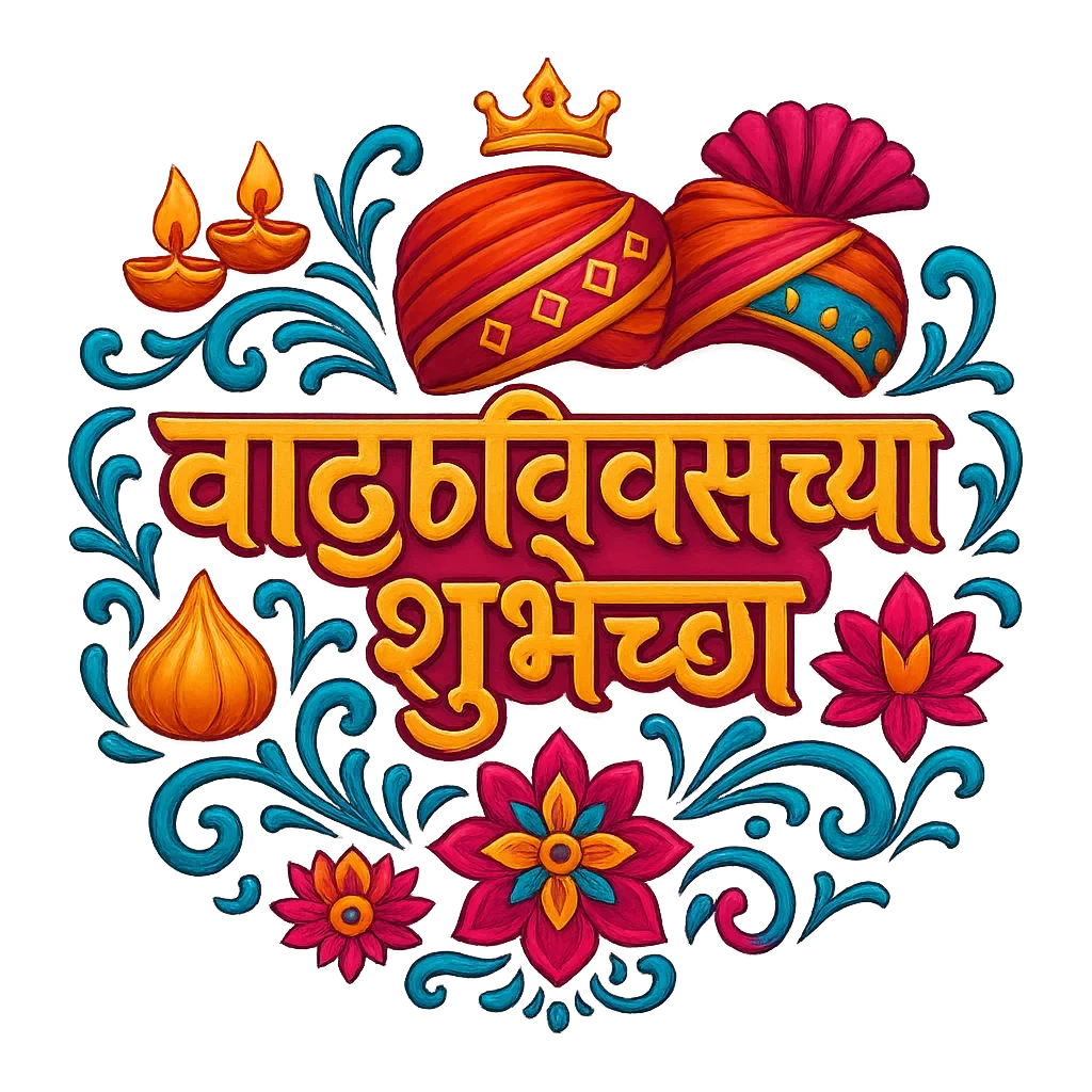 Marathi text ‘वाढदिवसाच्या शुभेच्छा’ with pagdi, diyas, crown, and flowers