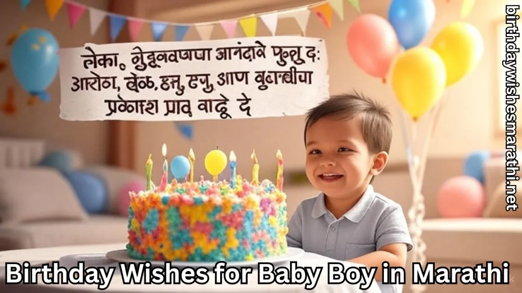 Baby boy beside colorful birthday cake and Marathi birthday message