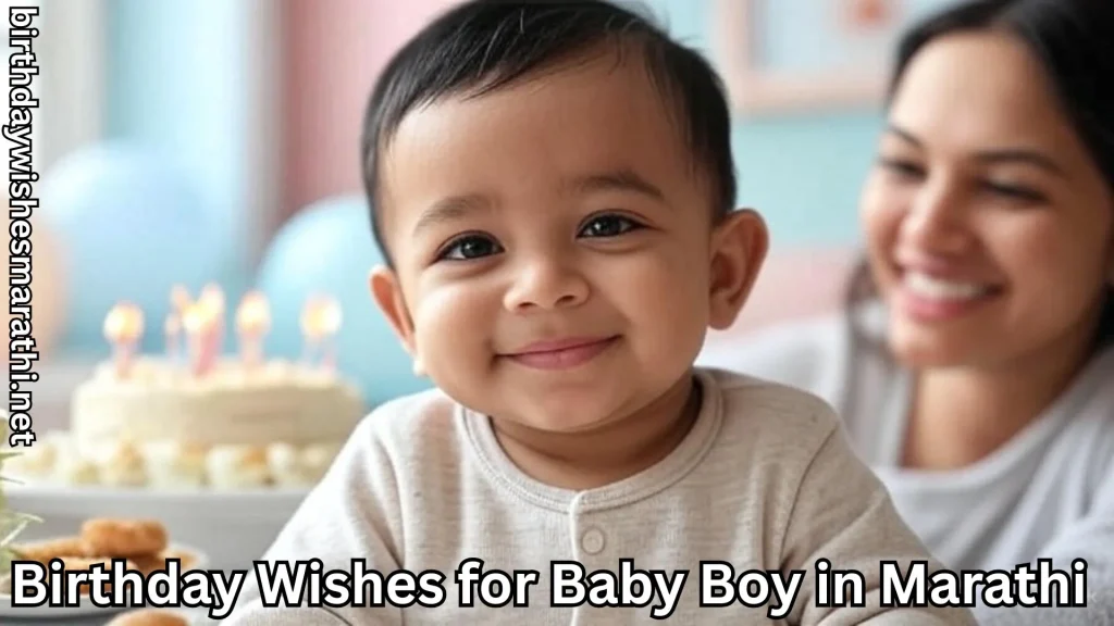 Baby boy smiling with birthday cake and mother blurred in background