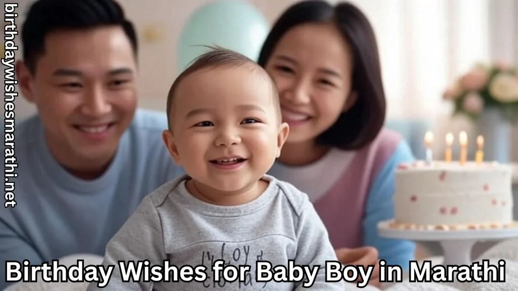 Baby boy smiling with parents and a white birthday cake behind