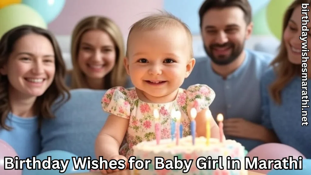 Baby girl in floral dress with cake and family celebrating birthday