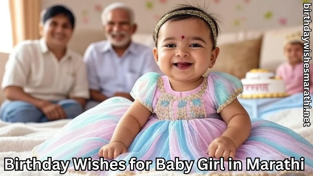 Baby girl in pastel dress with cake and family in background