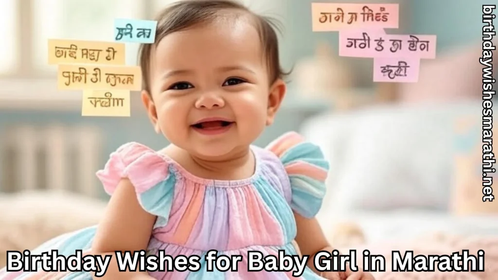 Baby girl smiling with colorful notes and birthday wishes for baby girl in marathi text overlay