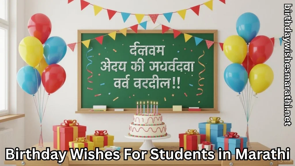Birthday cake and gifts in classroom with Marathi chalkboard wishes