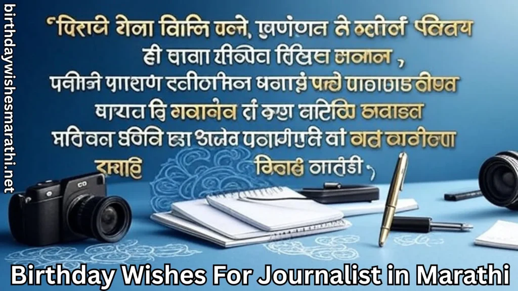 Birthday quote in Marathi with camera, pen, and notepad on blue desk