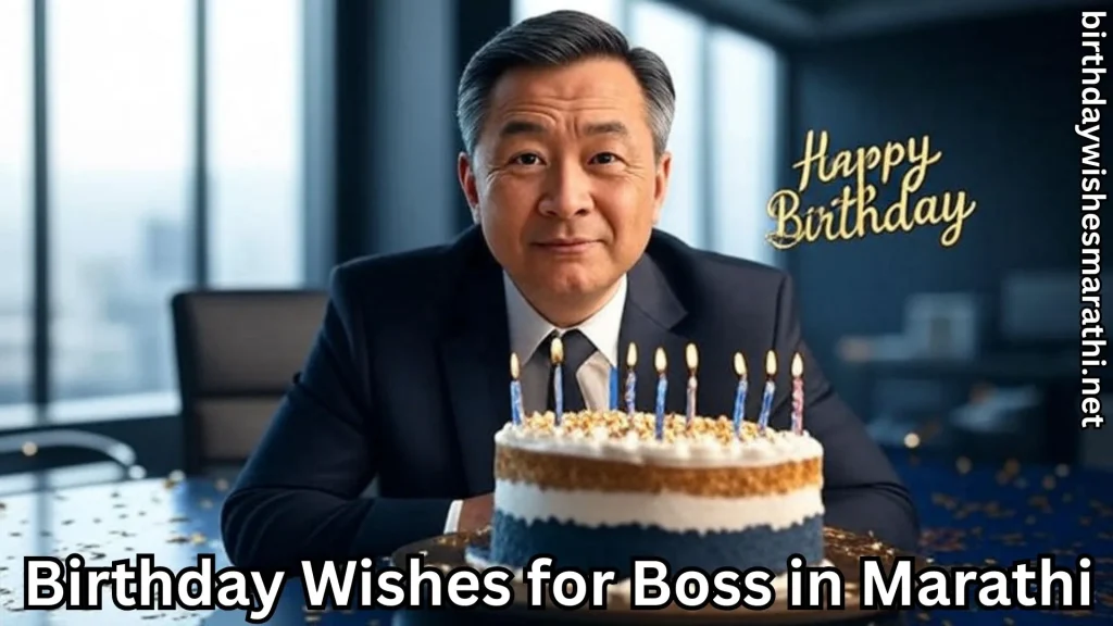 Boss in suit smiling with birthday cake on office table