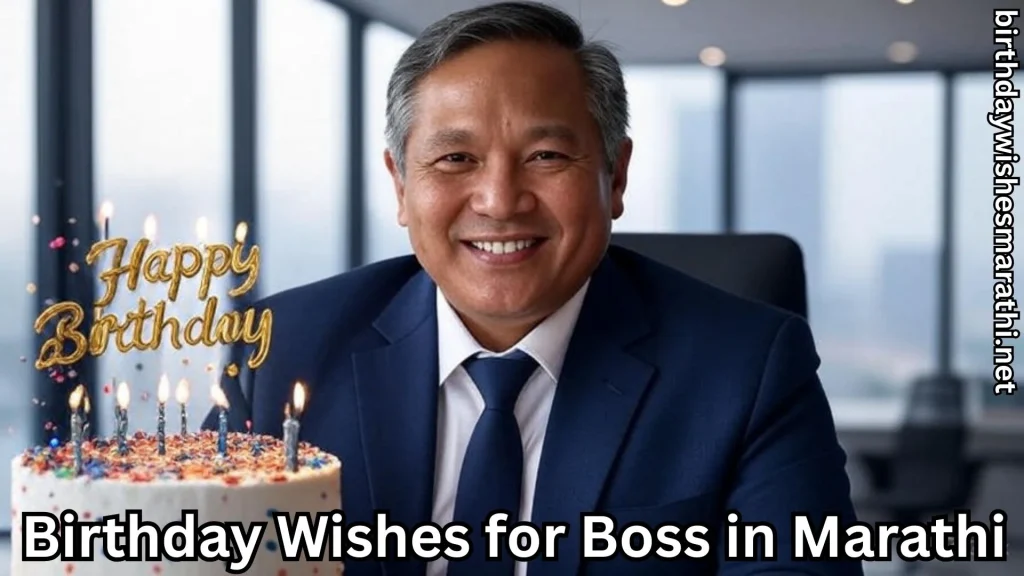 Boss smiling with birthday cake and birthday wishes for boss in Marathi text overlay