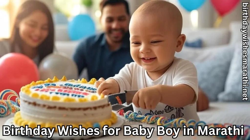 Boy happily cutting birthday cake with birthday wishes for baby boy in marathi text overlay