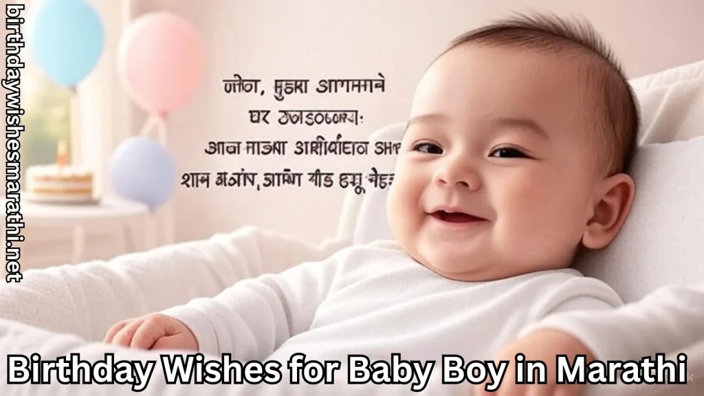 Boy in white smiling with balloons and birthday wishes for baby boy in marathi text overlay