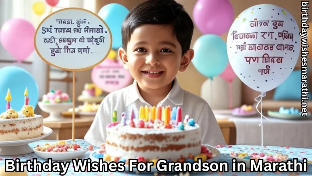 Boy with birthday cakes and birthday wishes for grandson in marathi text overlay