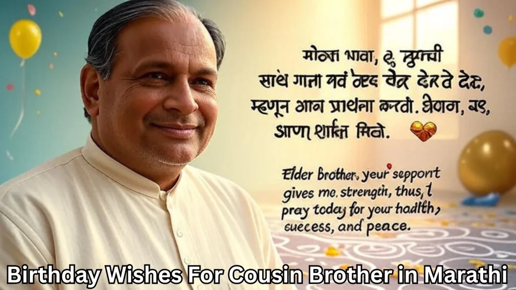 Elder cousin brother smiling with Marathi birthday wishes text on wall