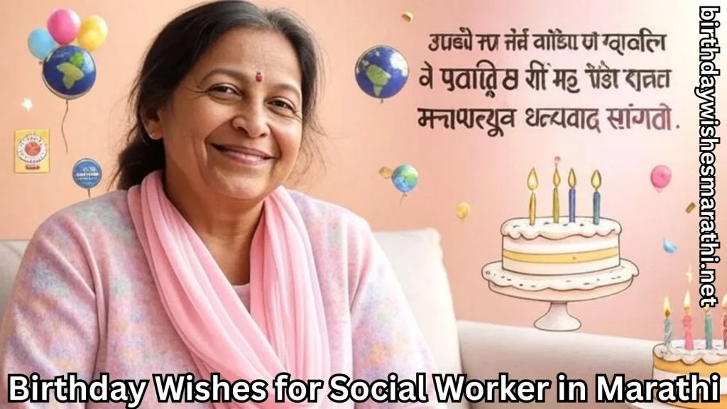 Elderly social worker woman smiling with cartoon cake and balloons