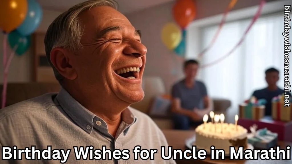 Elderly uncle laughing with birthday cake and balloons