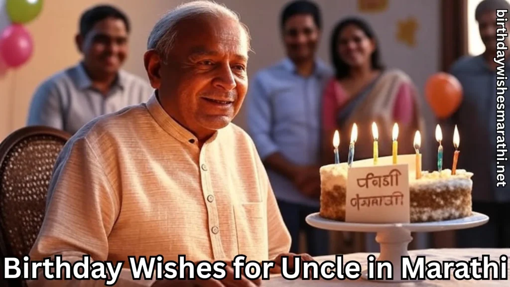 Elderly uncle with birthday cake and candles, Marathi wishes