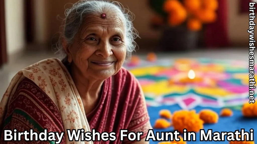 Elderly woman in saree sitting by rangoli on birthday occasion